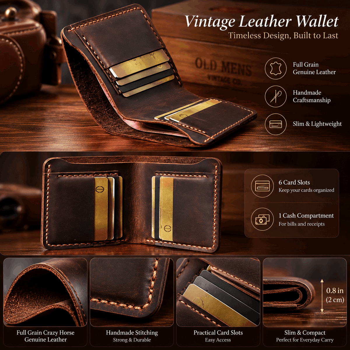 Handmade Vintage Full Grain Crazy Horse Leather Wallet for Men