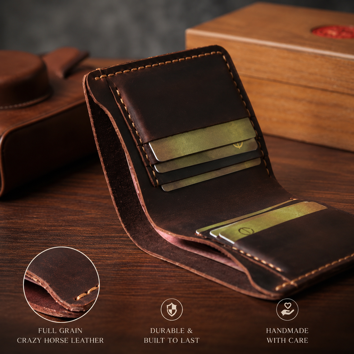 Handmade Vintage Full Grain Crazy Horse Leather Wallet for Men