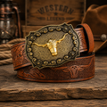 Vintage Western Cowboy Belt for Men – Longhorn Buckle & Embossed PU Leather