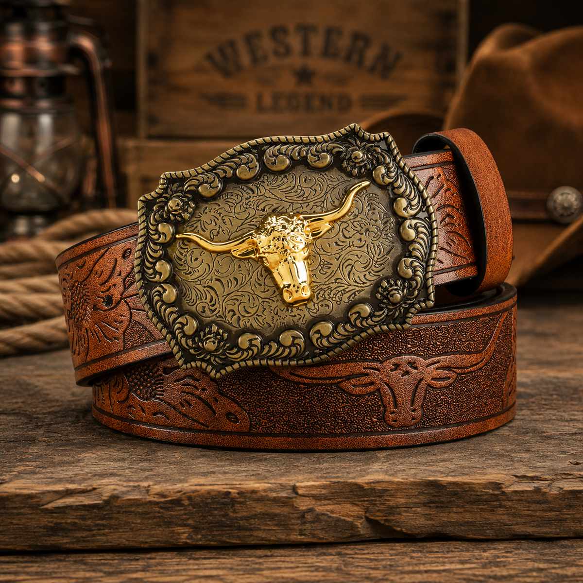 Vintage Western Cowboy Belt for Men – Longhorn Buckle & Embossed PU Leather