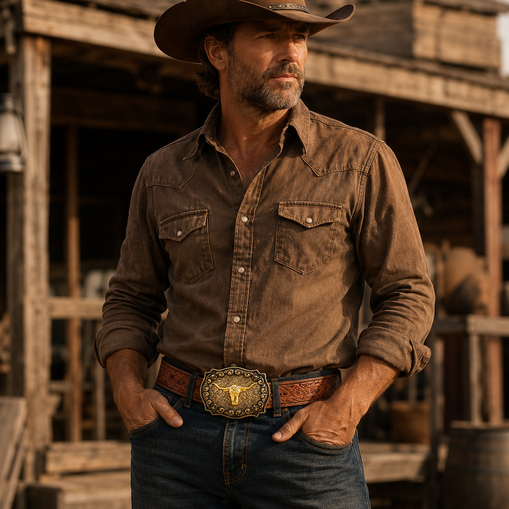 Vintage Western Cowboy Belt for Men – Longhorn Buckle & Embossed PU Leather