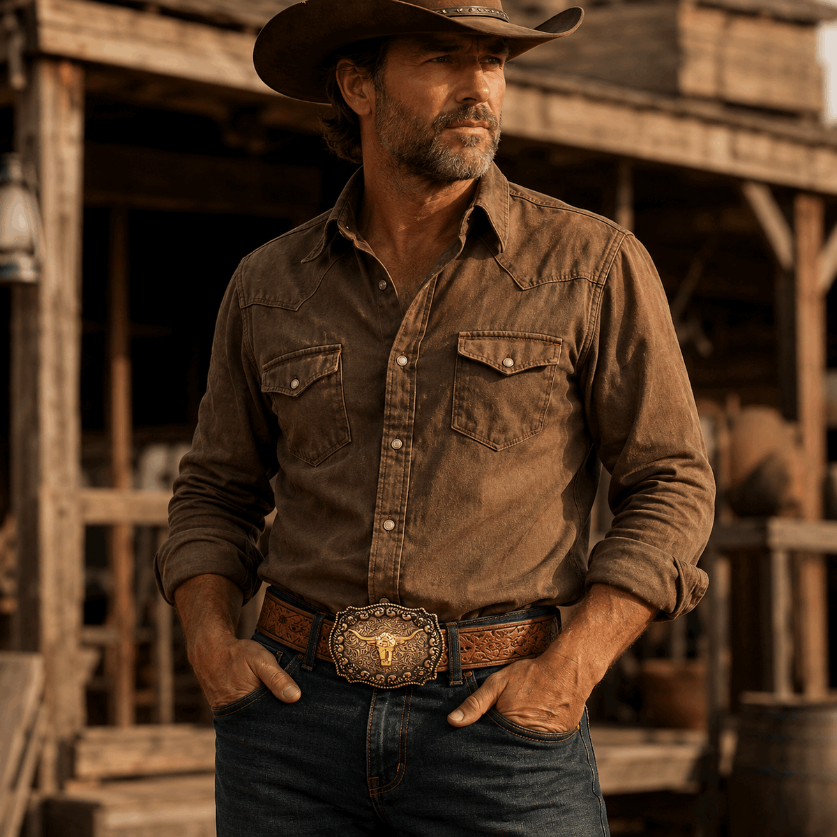 Vintage Western Cowboy Belt for Men – Longhorn Buckle & Embossed PU Leather
