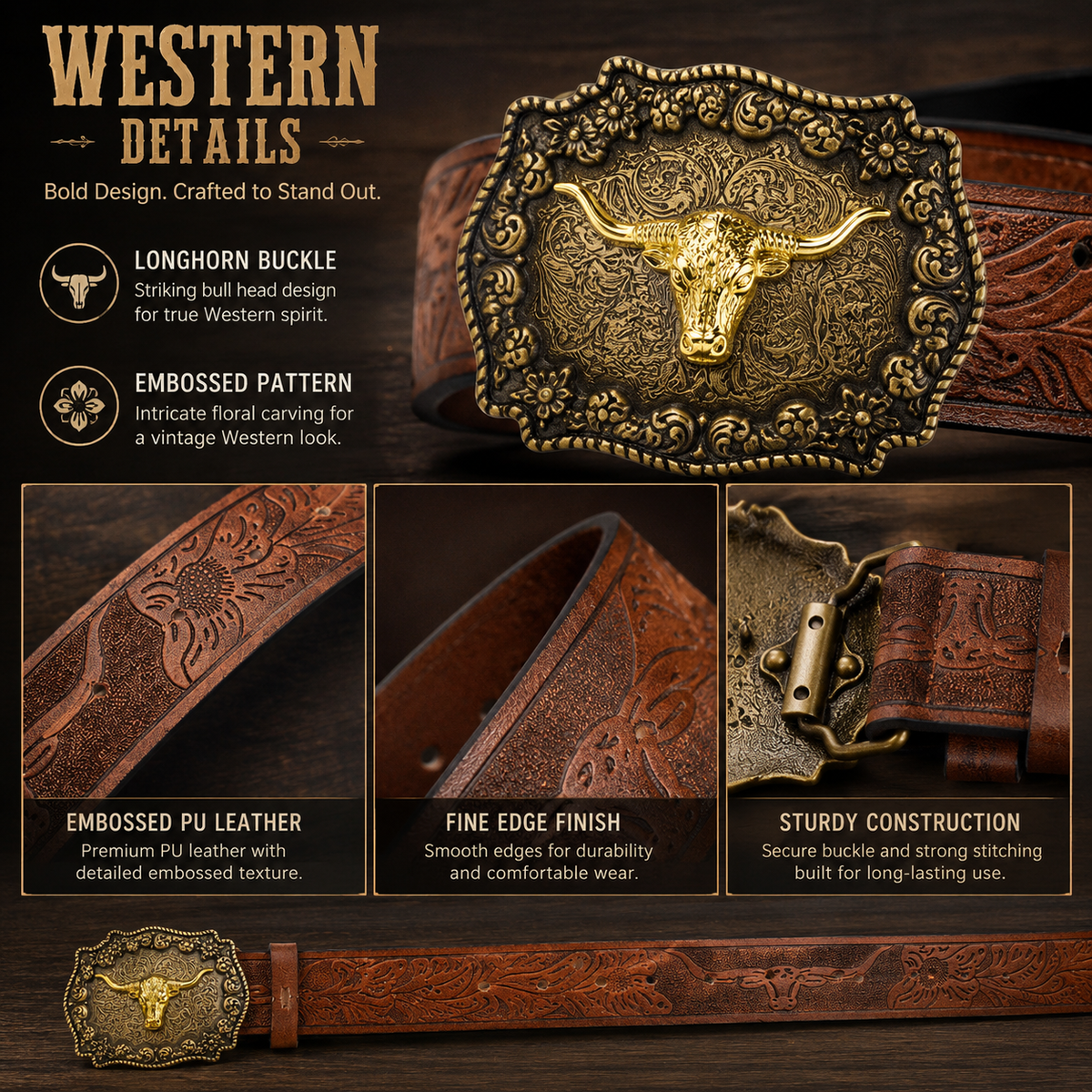 Vintage Western Cowboy Belt for Men – Longhorn Buckle & Embossed PU Leather