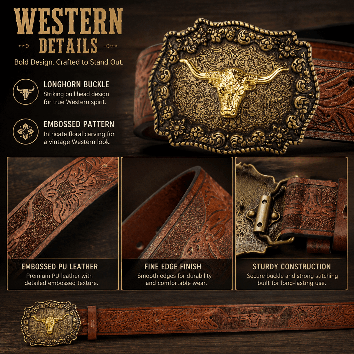 Vintage Western Cowboy Belt for Men – Longhorn Buckle & Embossed PU Leather