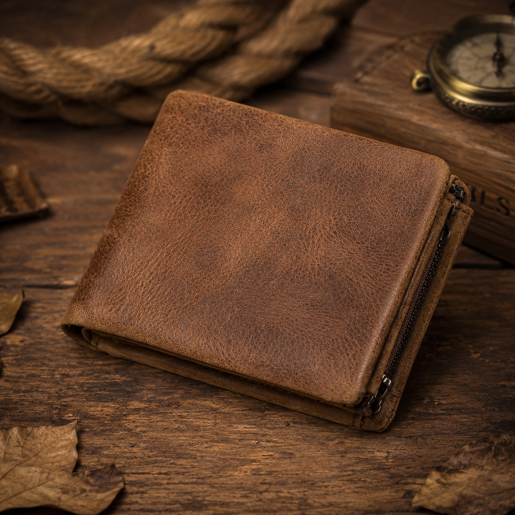 Vintage Crazy Horse Leather Trifold Wallet for Men – Card Holder & Zip Coin Pocket