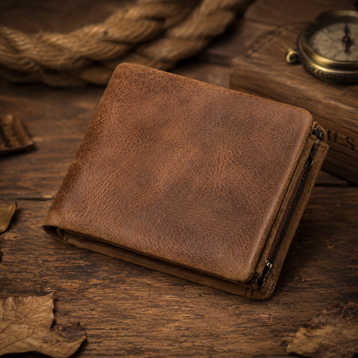 Vintage Crazy Horse Leather Trifold Wallet for Men – Card Holder & Zip Coin Pocket