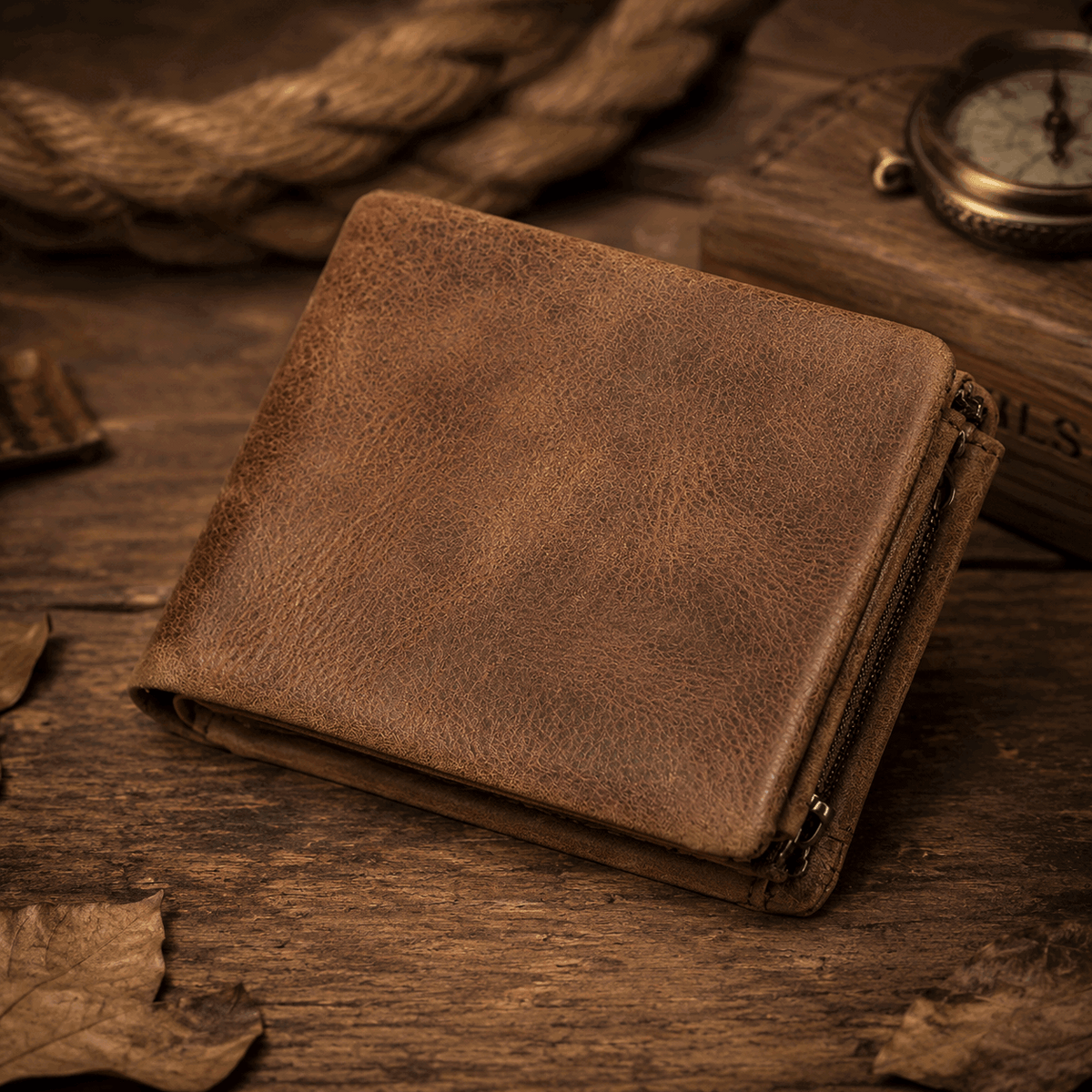 Vintage Crazy Horse Leather Trifold Wallet for Men – Card Holder & Zip Coin Pocket