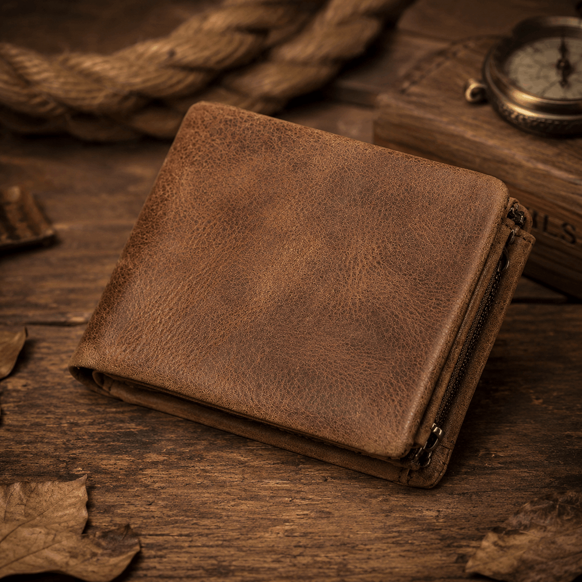 Vintage Crazy Horse Leather Trifold Wallet for Men – Card Holder & Zip Coin Pocket