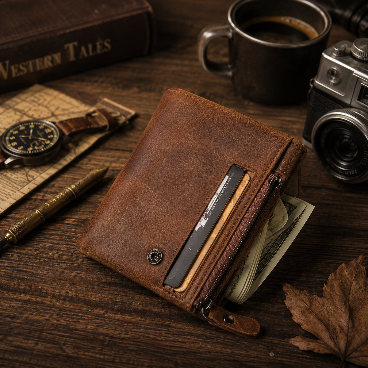 Vintage Crazy Horse Leather Trifold Wallet for Men – Card Holder & Zip Coin Pocket