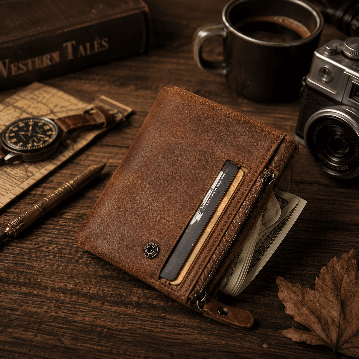 Vintage Crazy Horse Leather Trifold Wallet for Men – Card Holder & Zip Coin Pocket