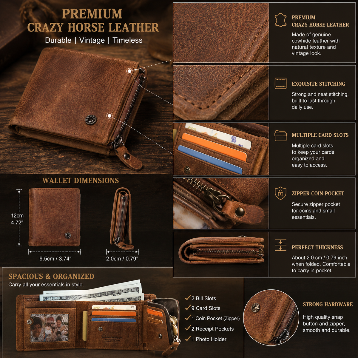 Vintage Crazy Horse Leather Trifold Wallet for Men – Card Holder & Zip Coin Pocket