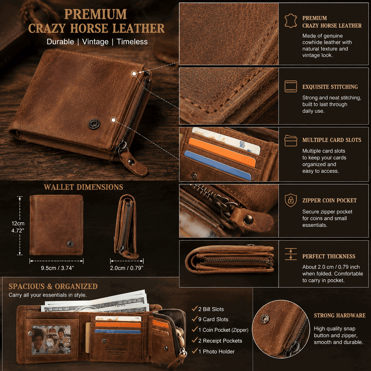 Vintage Crazy Horse Leather Trifold Wallet for Men – Card Holder & Zip Coin Pocket