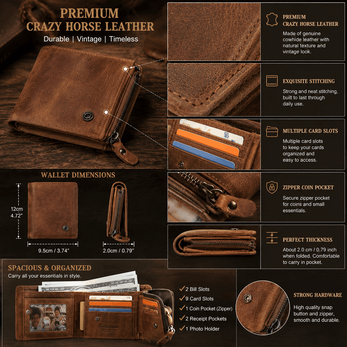Vintage Crazy Horse Leather Trifold Wallet for Men – Card Holder & Zip Coin Pocket