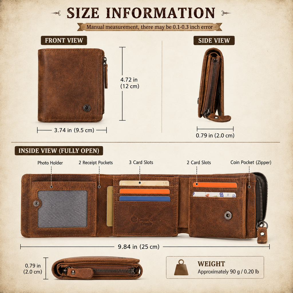 Vintage Crazy Horse Leather Trifold Wallet for Men – Card Holder & Zip Coin Pocket