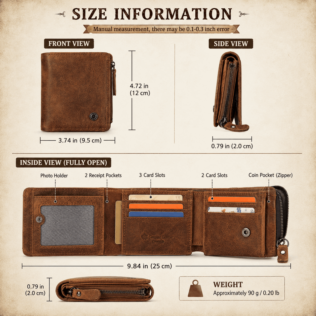 Vintage Crazy Horse Leather Trifold Wallet for Men – Card Holder & Zip Coin Pocket