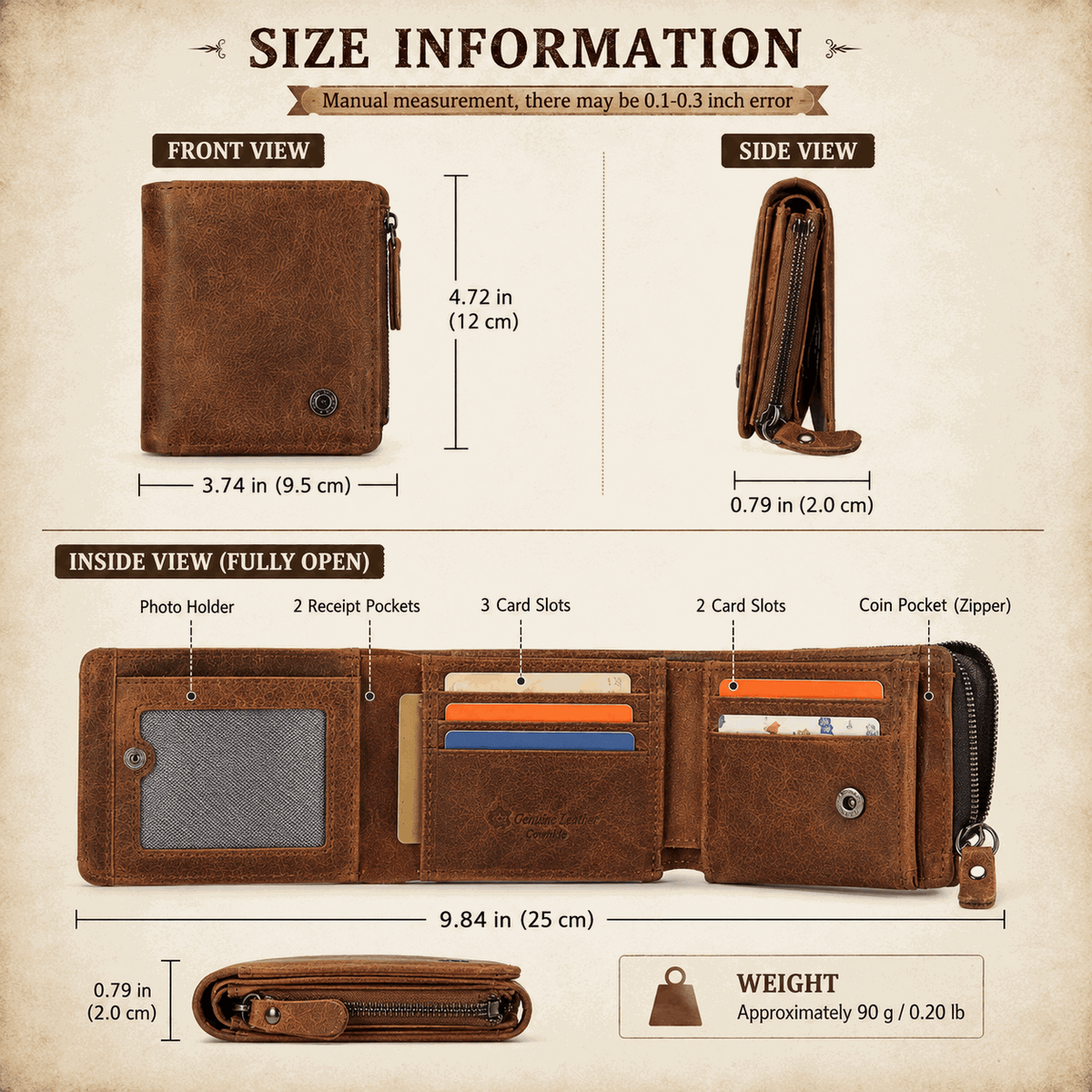 Vintage Crazy Horse Leather Trifold Wallet for Men – Card Holder & Zip Coin Pocket