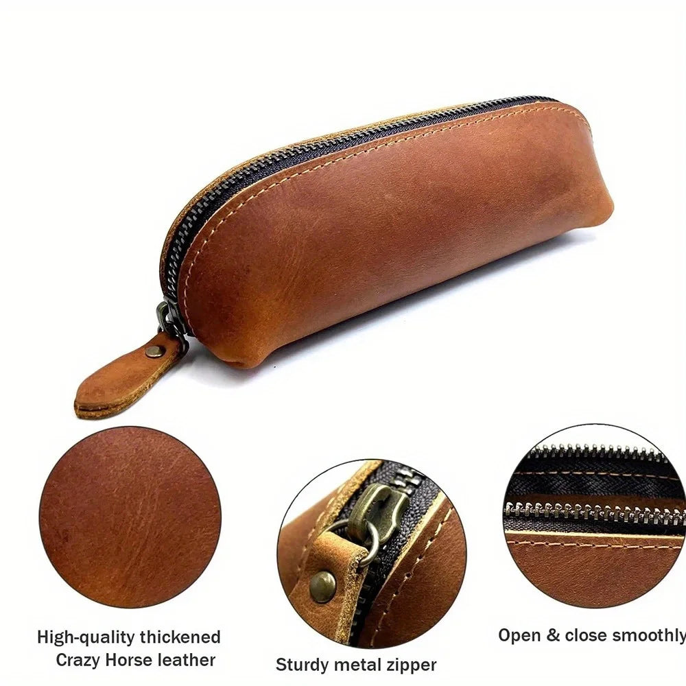 Vintage Genuine Leather Pencil Case - Handmade Retro Crazy Horse Leather Pen Pouch & Zipper Organizer