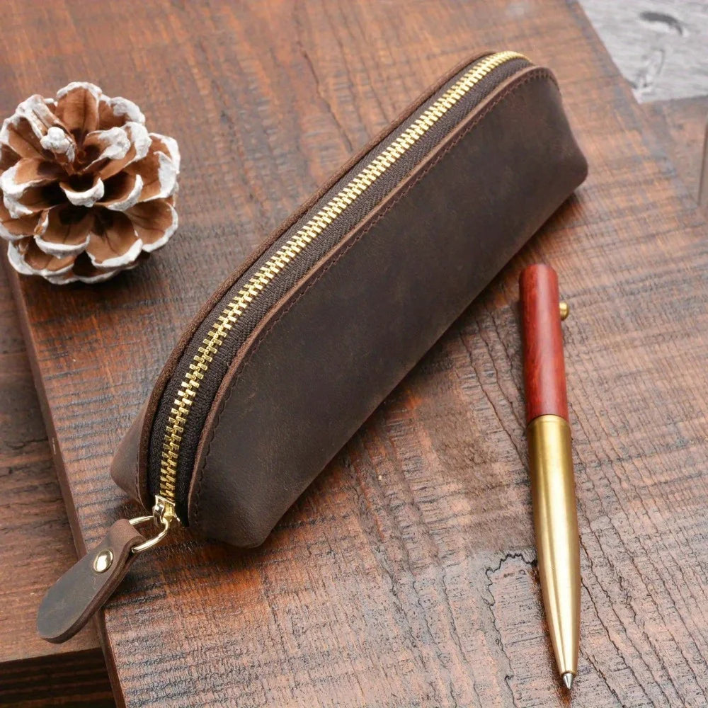 Vintage Genuine Leather Pencil Case - Handmade Retro Crazy Horse Leather Pen Pouch & Zipper Organizer