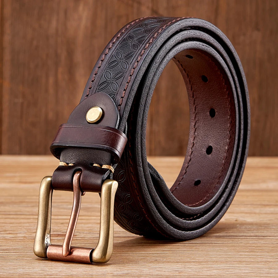 Vintage Embossed Genuine Leather Belt for Men – 1.3" Cowhide Belt with Antique Brass Buckle