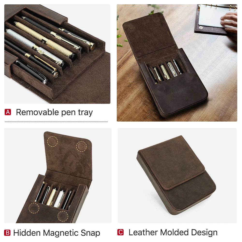 Vintage Genuine Leather Pen Case | Handmade 6-Slot Fountain Pen Organizer for Professionals & Collectors