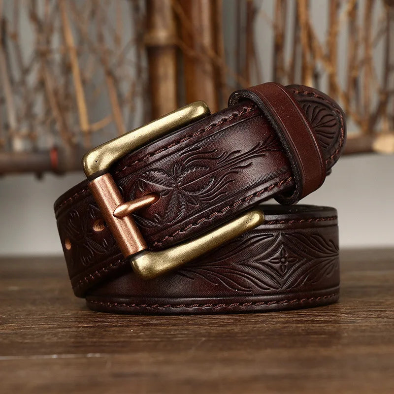 Vintage Embossed Genuine Leather Belt for Men – Western Style with Retro Brass-Tone Buckle