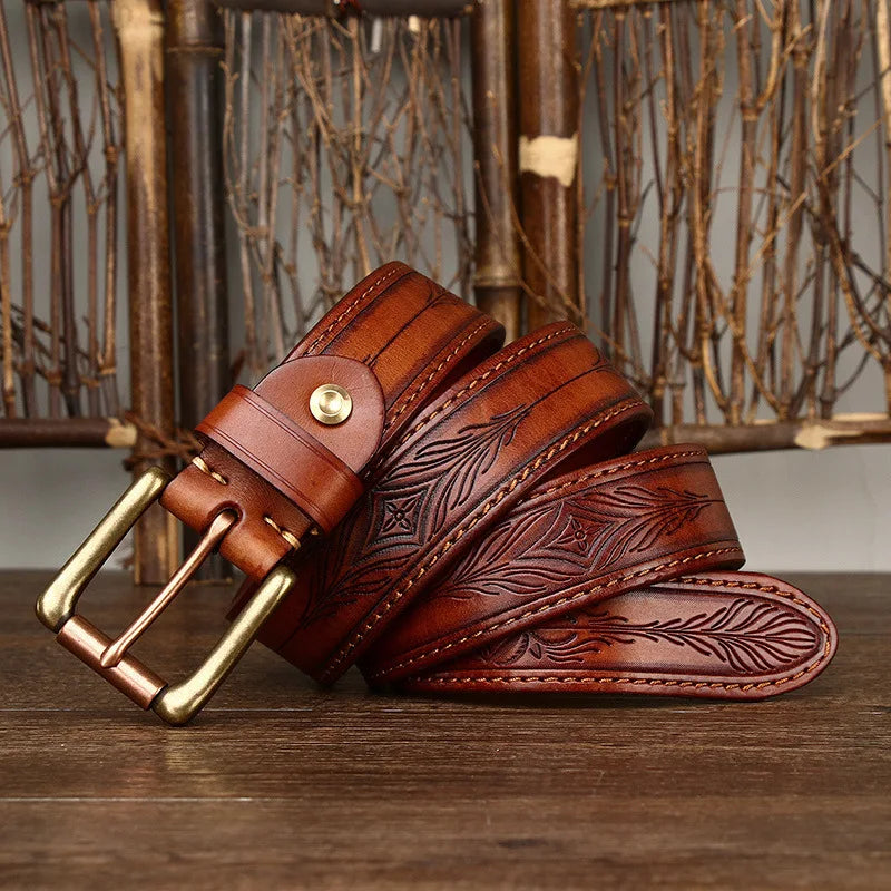 Vintage Embossed Genuine Leather Belt for Men – Western Style with Retro Brass-Tone Buckle