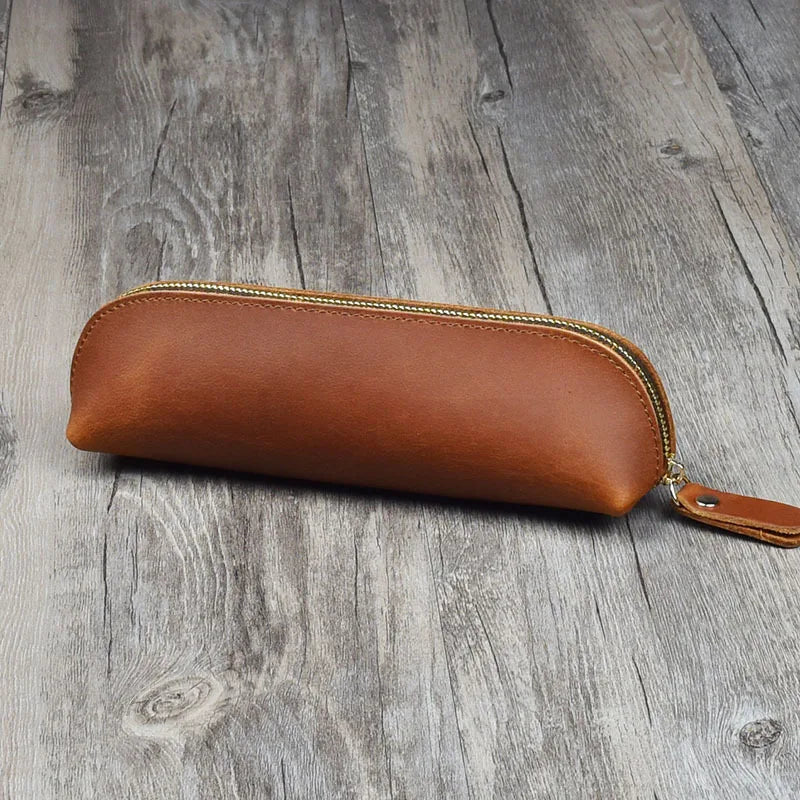 Vintage Genuine Leather Pencil Case - Handmade Retro Crazy Horse Leather Pen Pouch & Zipper Organizer