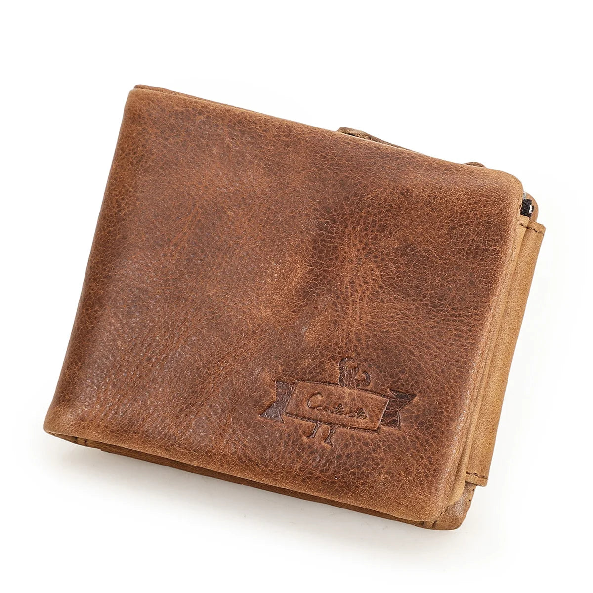 Vintage Crazy Horse Leather Trifold Wallet for Men – Card Holder & Zip Coin Pocket