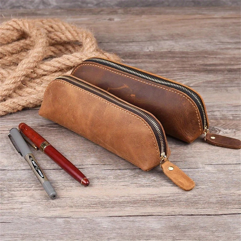 Vintage Genuine Leather Pencil Case - Handmade Retro Crazy Horse Leather Pen Pouch & Zipper Organizer