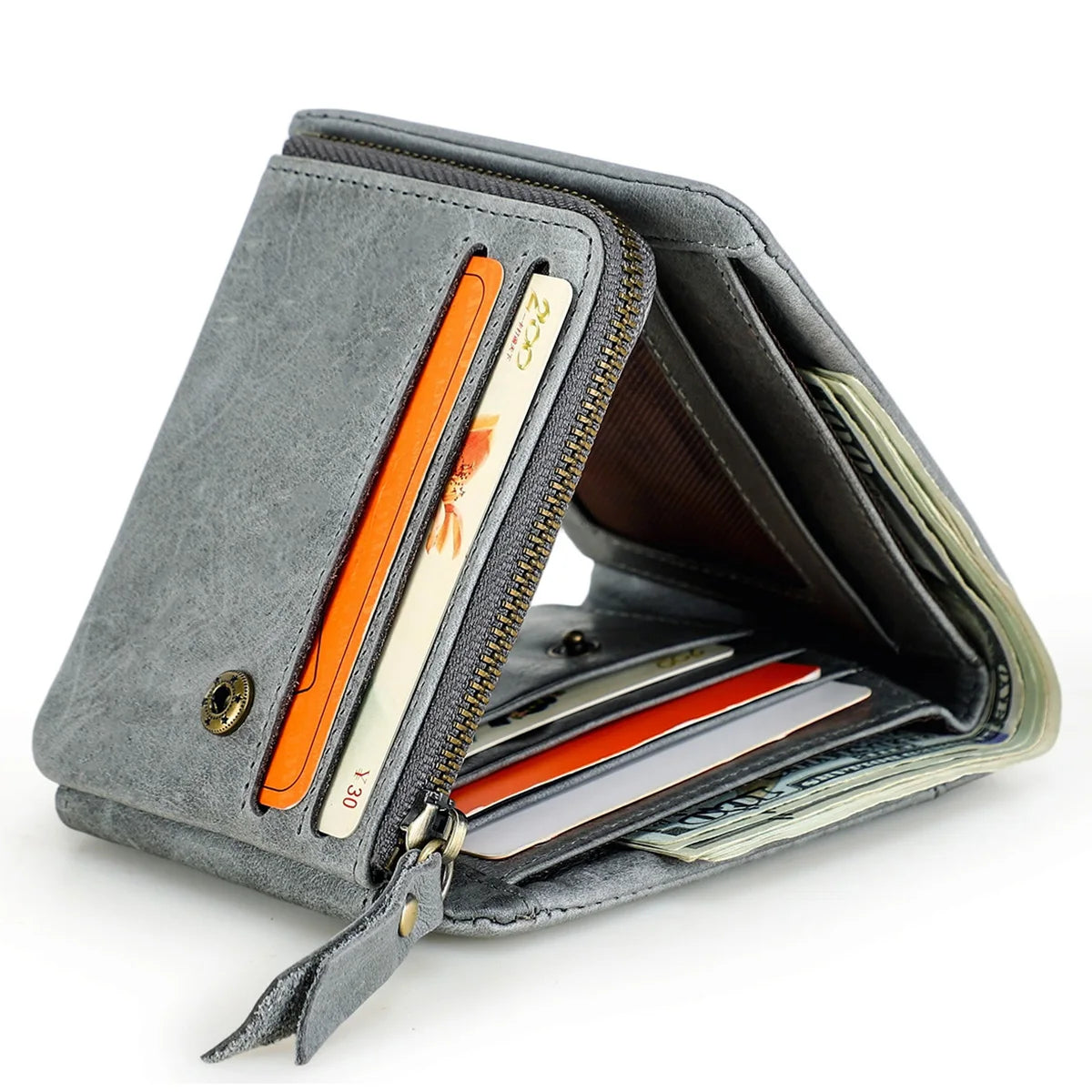 Vintage Crazy Horse Leather Trifold Wallet for Men – Card Holder & Zip Coin Pocket