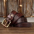 Vintage Embossed Genuine Leather Belt for Men – Western Style with Retro Brass-Tone Buckle