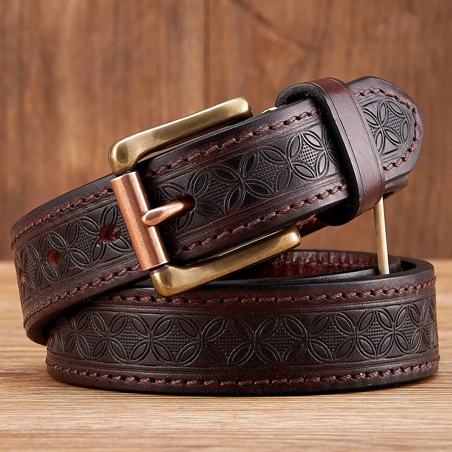 Vintage Embossed Genuine Leather Belt for Men – 1.3" Cowhide Belt with Antique Brass Buckle