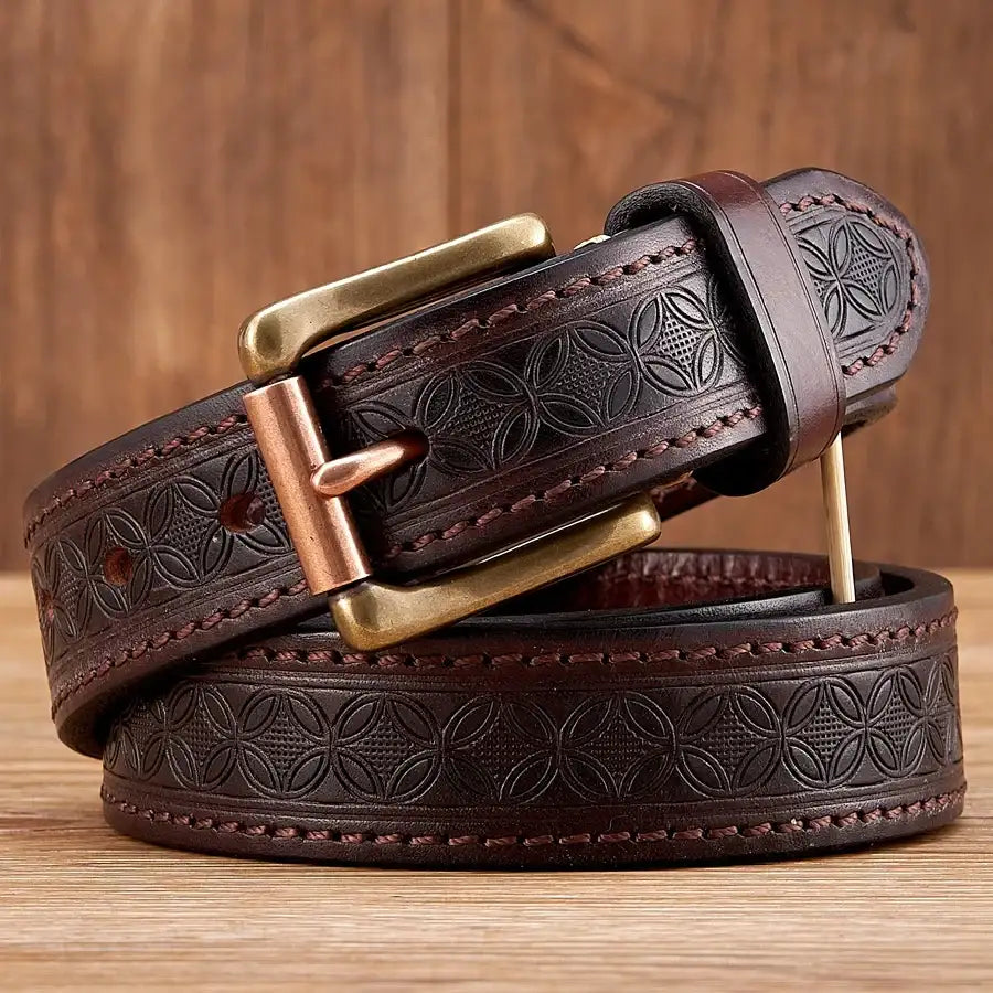 Vintage Embossed Genuine Leather Belt for Men – 1.3" Cowhide Belt with Antique Brass Buckle