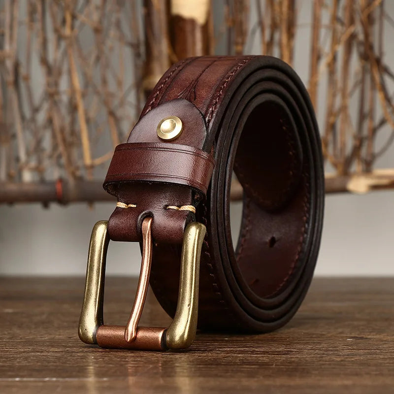 Vintage Embossed Genuine Leather Belt for Men – Western Style with Retro Brass-Tone Buckle