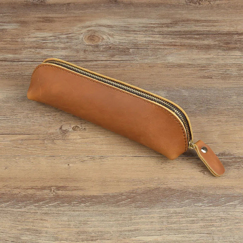 Vintage Genuine Leather Pencil Case - Handmade Retro Crazy Horse Leather Pen Pouch & Zipper Organizer