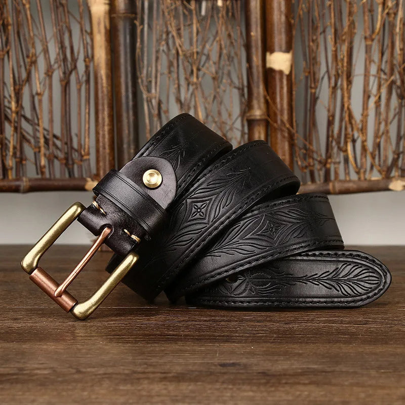 Vintage Embossed Genuine Leather Belt for Men – Western Style with Retro Brass-Tone Buckle