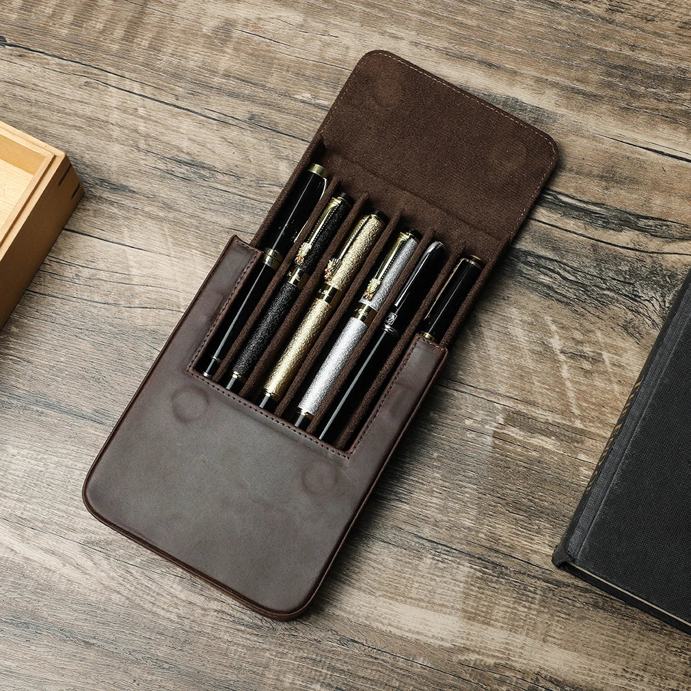 Vintage Genuine Leather Pen Case | Handmade 6-Slot Fountain Pen Organizer for Professionals & Collectors