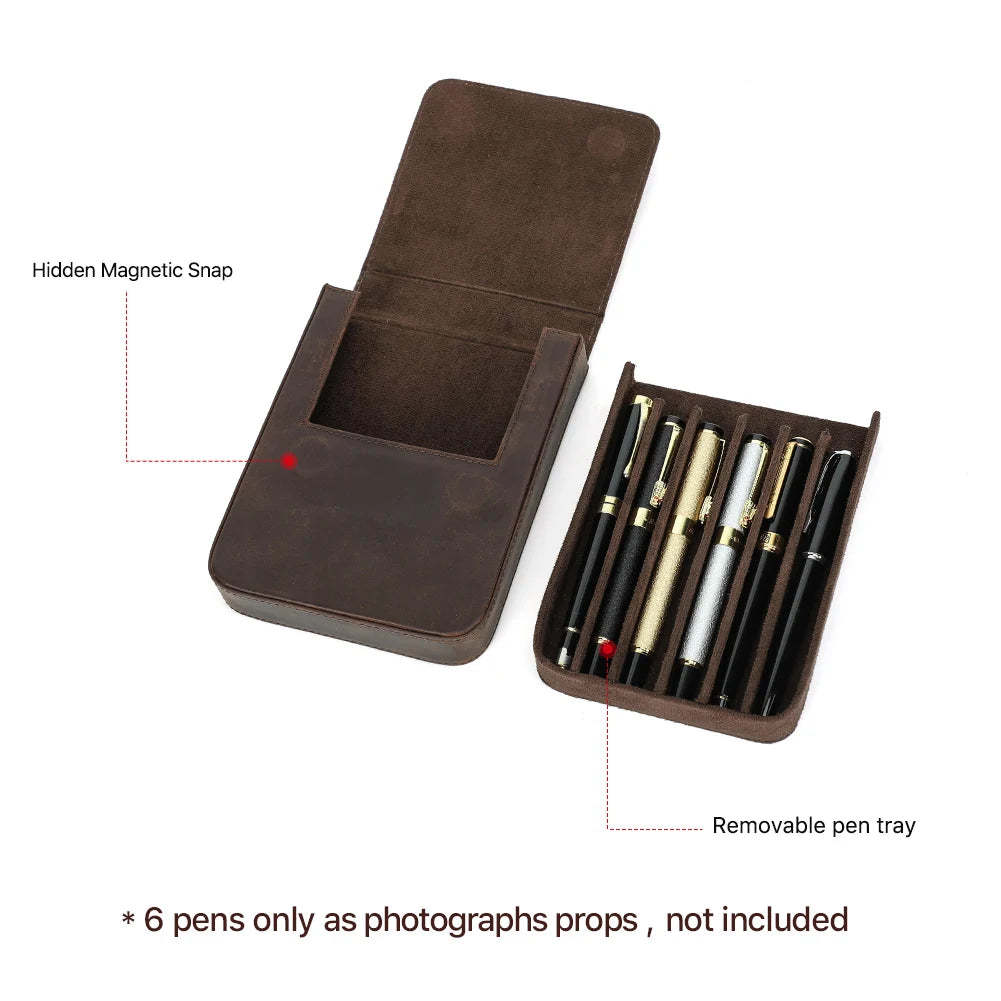 Vintage Genuine Leather Pen Case | Handmade 6-Slot Fountain Pen Organizer for Professionals & Collectors