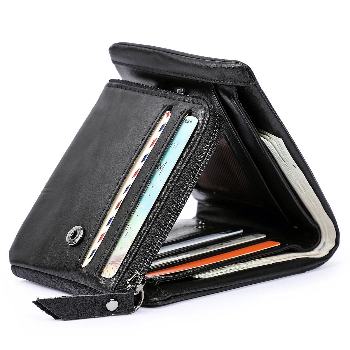 Vintage Crazy Horse Leather Trifold Wallet for Men – Card Holder & Zip Coin Pocket