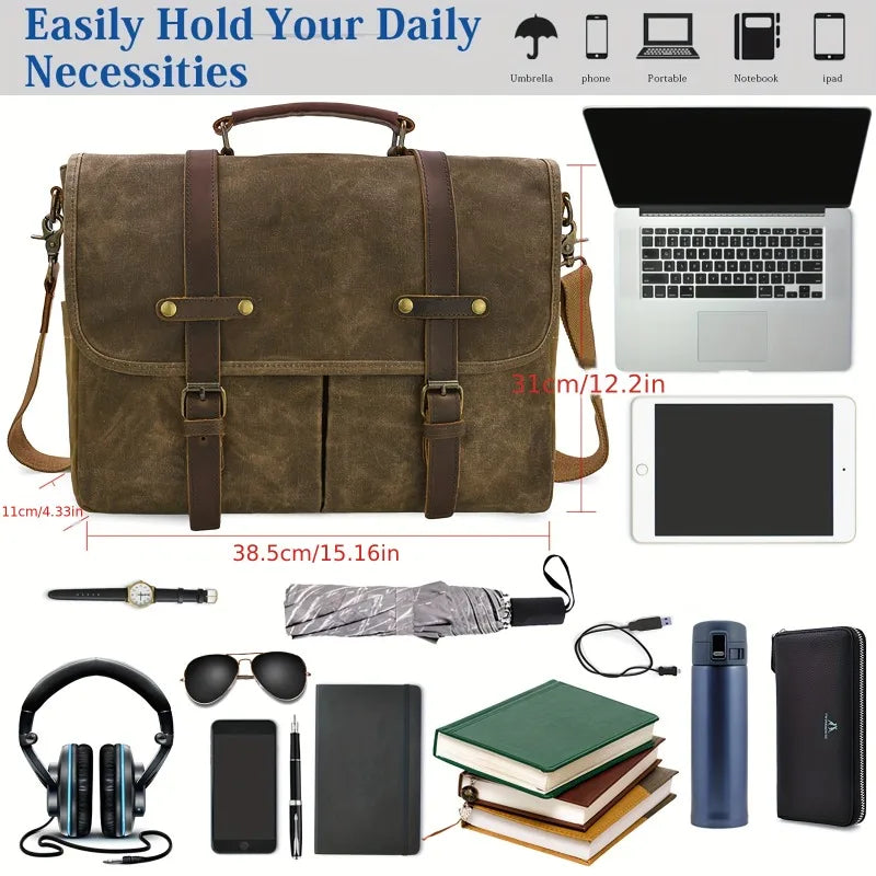 Vintage Canvas Messenger Bag – 15.6" Laptop Briefcase with Multiple Pockets