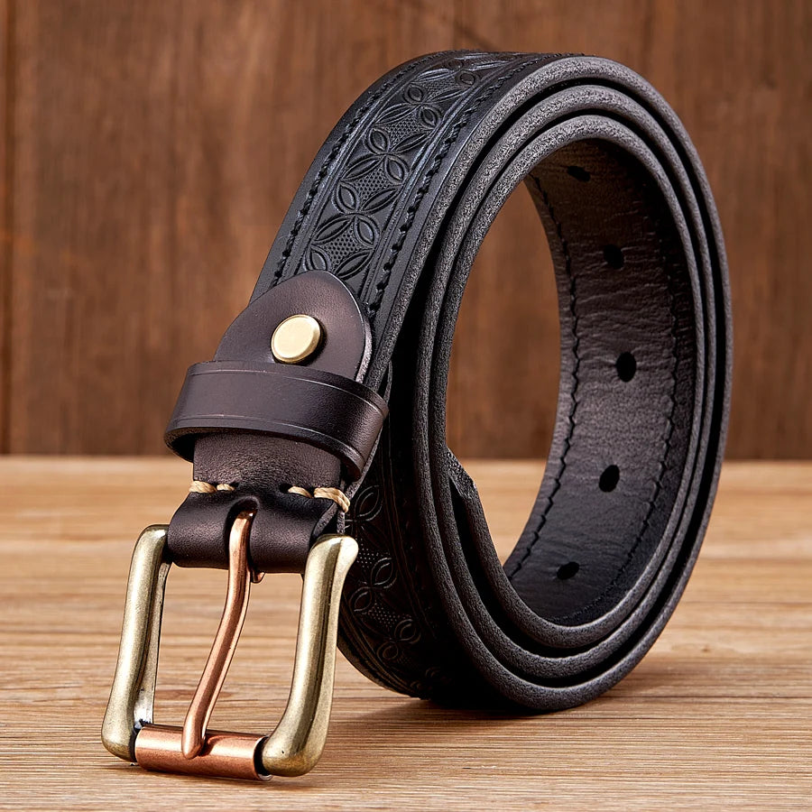 Vintage Embossed Genuine Leather Belt for Men – 1.3" Cowhide Belt with Antique Brass Buckle