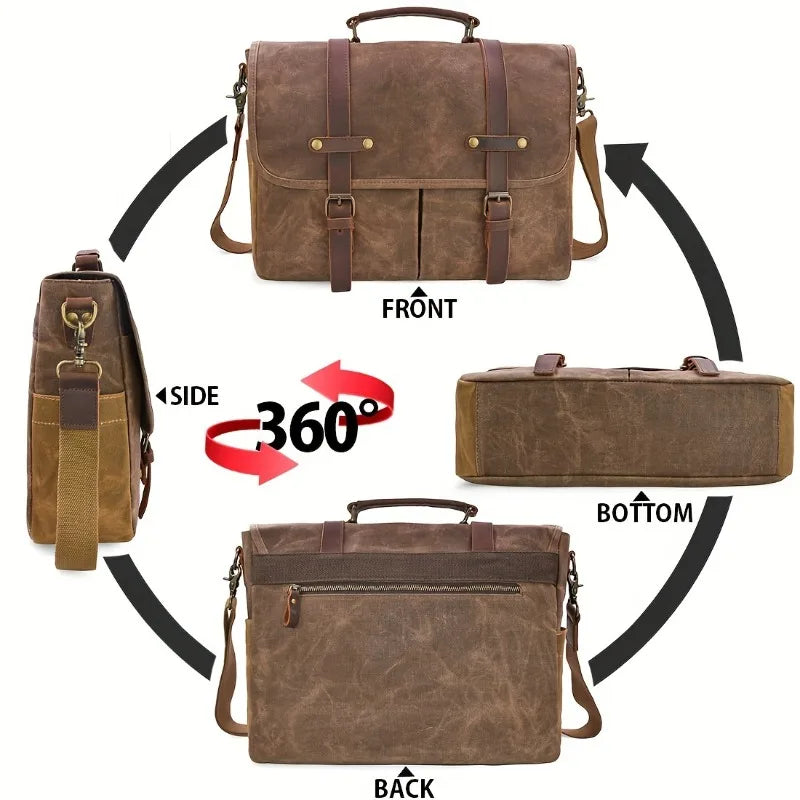 Vintage Canvas Messenger Bag – 15.6" Laptop Briefcase with Multiple Pockets