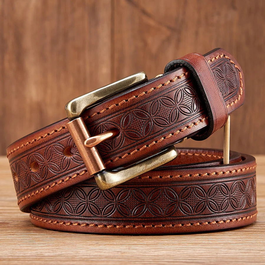 Vintage Embossed Genuine Leather Belt for Men – 1.3" Cowhide Belt with Antique Brass Buckle