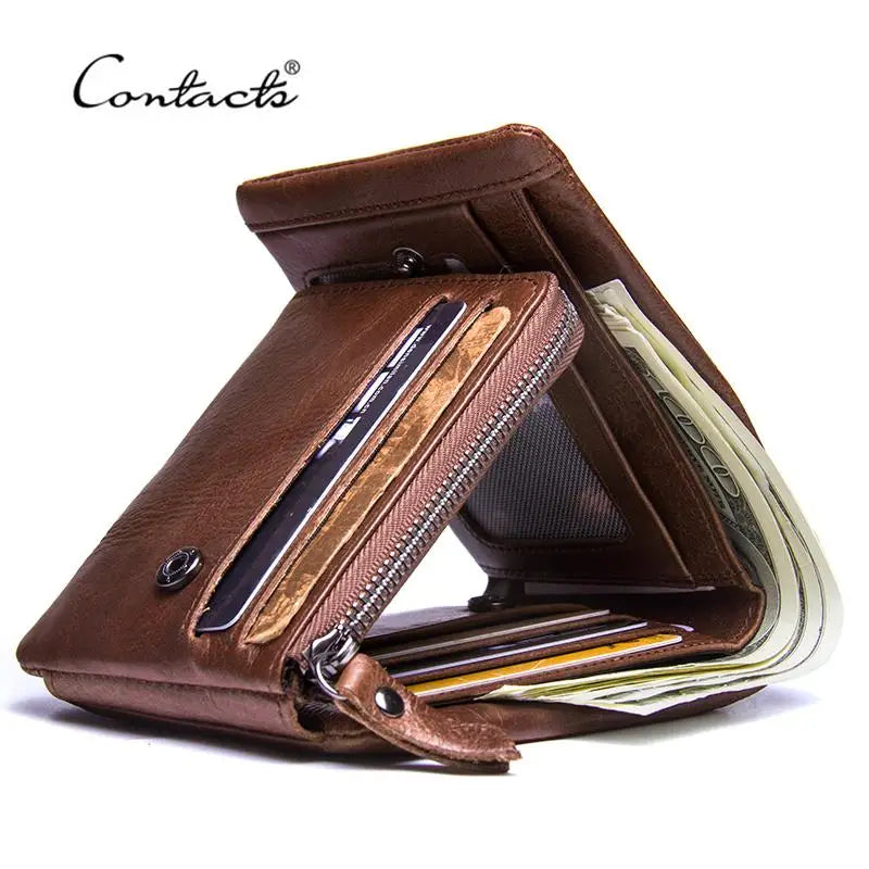 Vintage Crazy Horse Leather Trifold Wallet for Men – Card Holder & Zip Coin Pocket