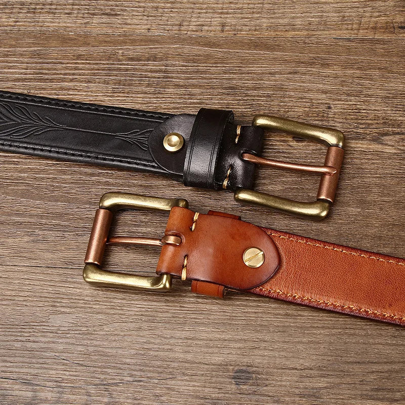 Vintage Embossed Genuine Leather Belt for Men – Western Style with Retro Brass-Tone Buckle