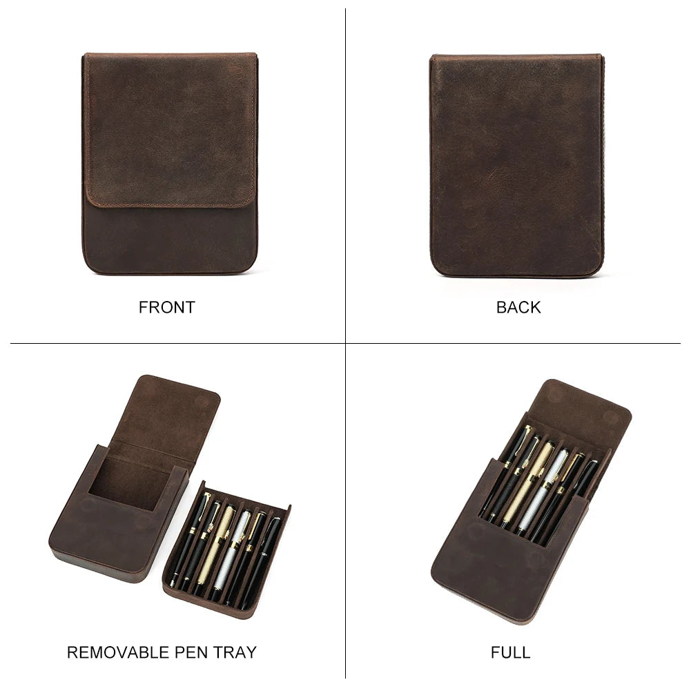 Vintage Genuine Leather Pen Case | Handmade 6-Slot Fountain Pen Organizer for Professionals & Collectors