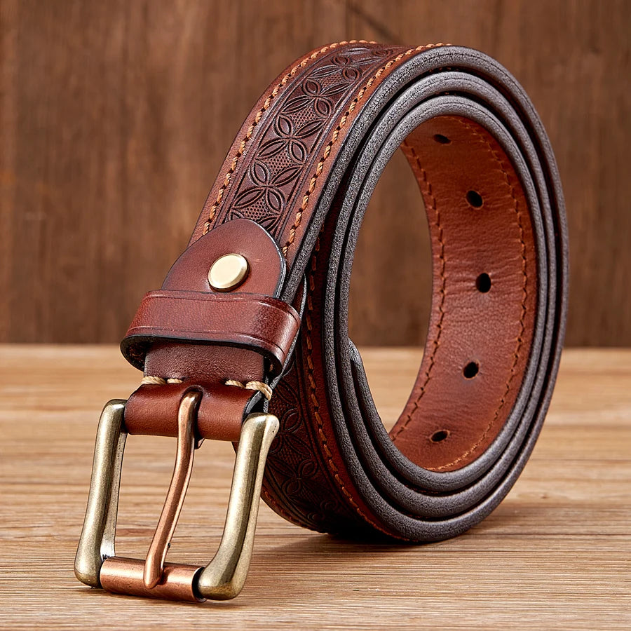 Vintage Embossed Genuine Leather Belt for Men – 1.3" Cowhide Belt with Antique Brass Buckle