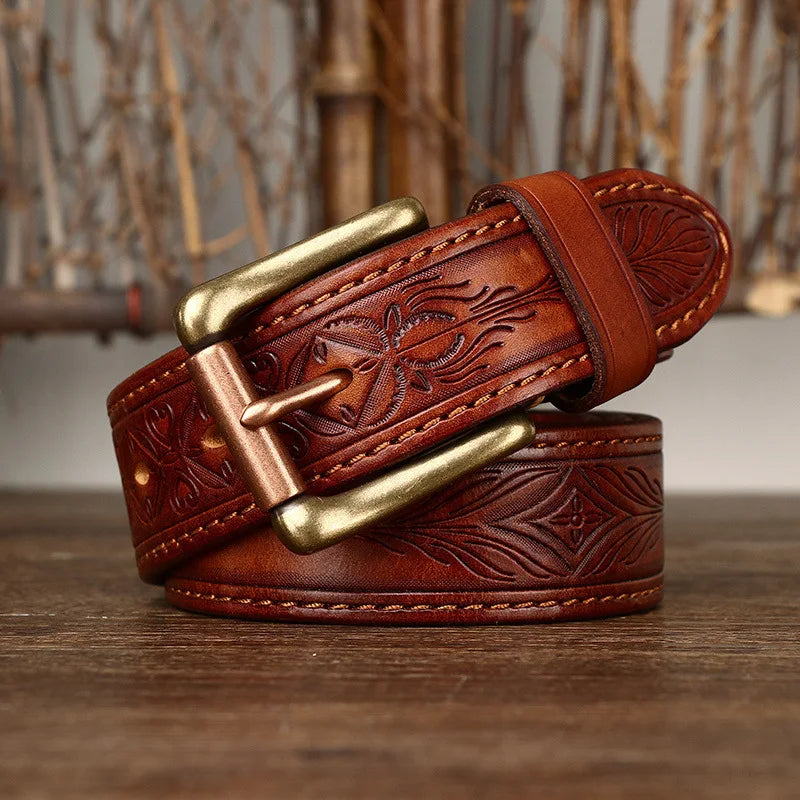 Vintage Embossed Genuine Leather Belt for Men – Western Style with Retro Brass-Tone Buckle