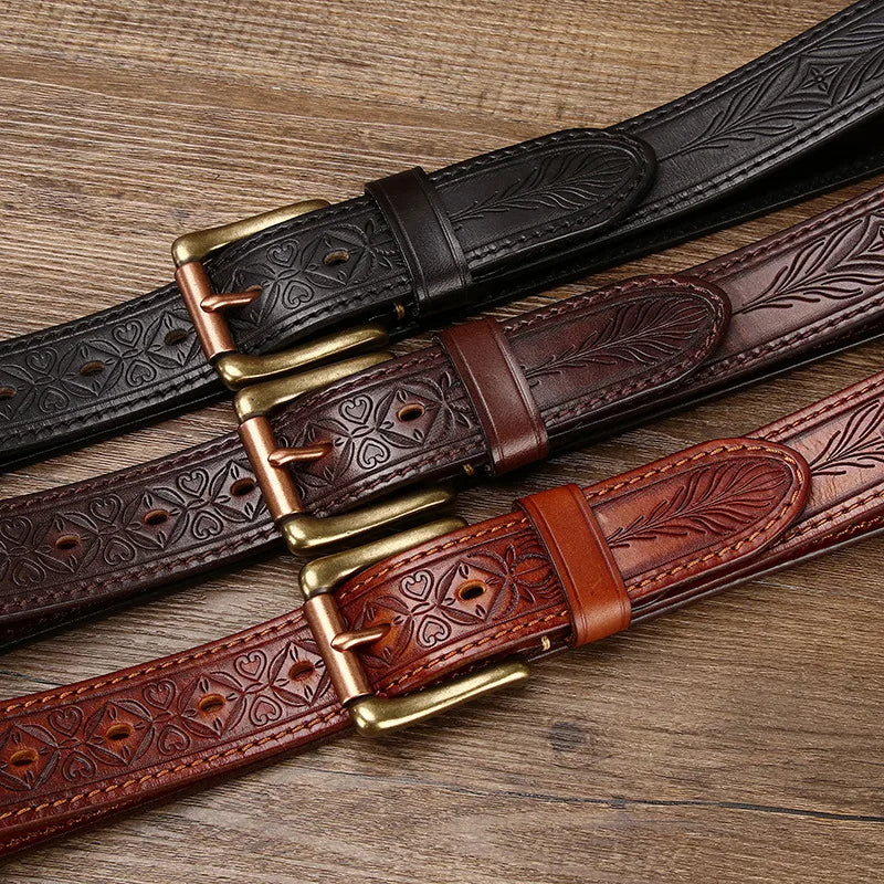 Vintage Embossed Genuine Leather Belt for Men – Western Style with Retro Brass-Tone Buckle