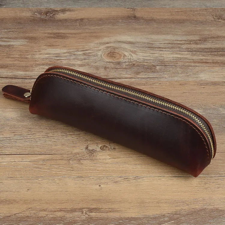 Vintage Genuine Leather Pencil Case - Handmade Retro Crazy Horse Leather Pen Pouch & Zipper Organizer